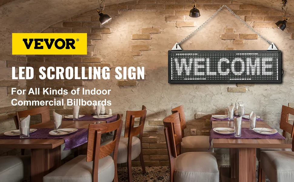 VEVOR led scrolling sign displaying "welcome" in a cozy indoor restaurant setting.