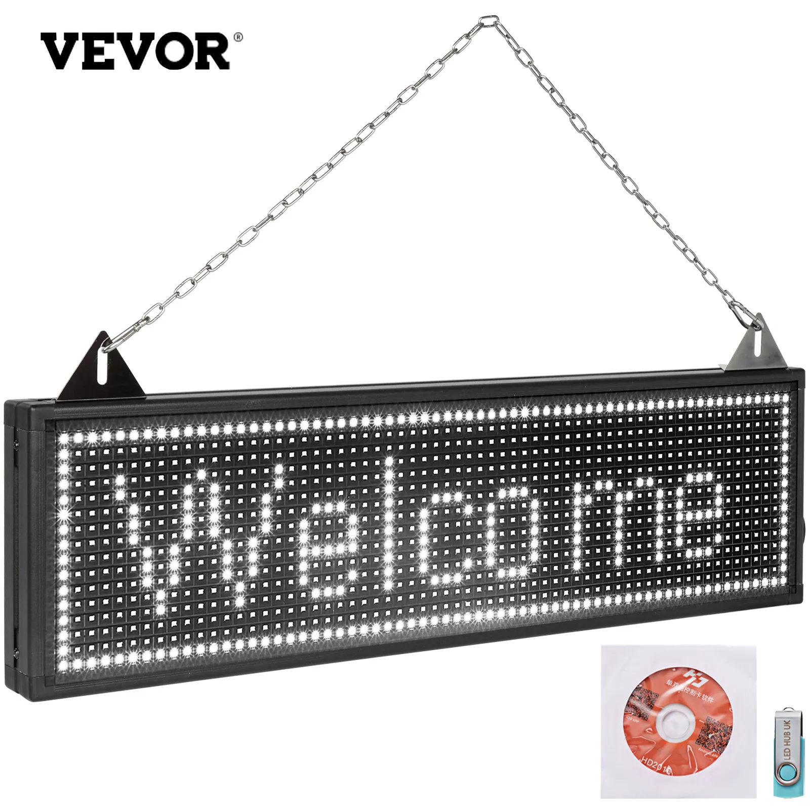 VEVOR led scrolling sign displaying "welcome" with a hanging chain and usb software kit in the corner.