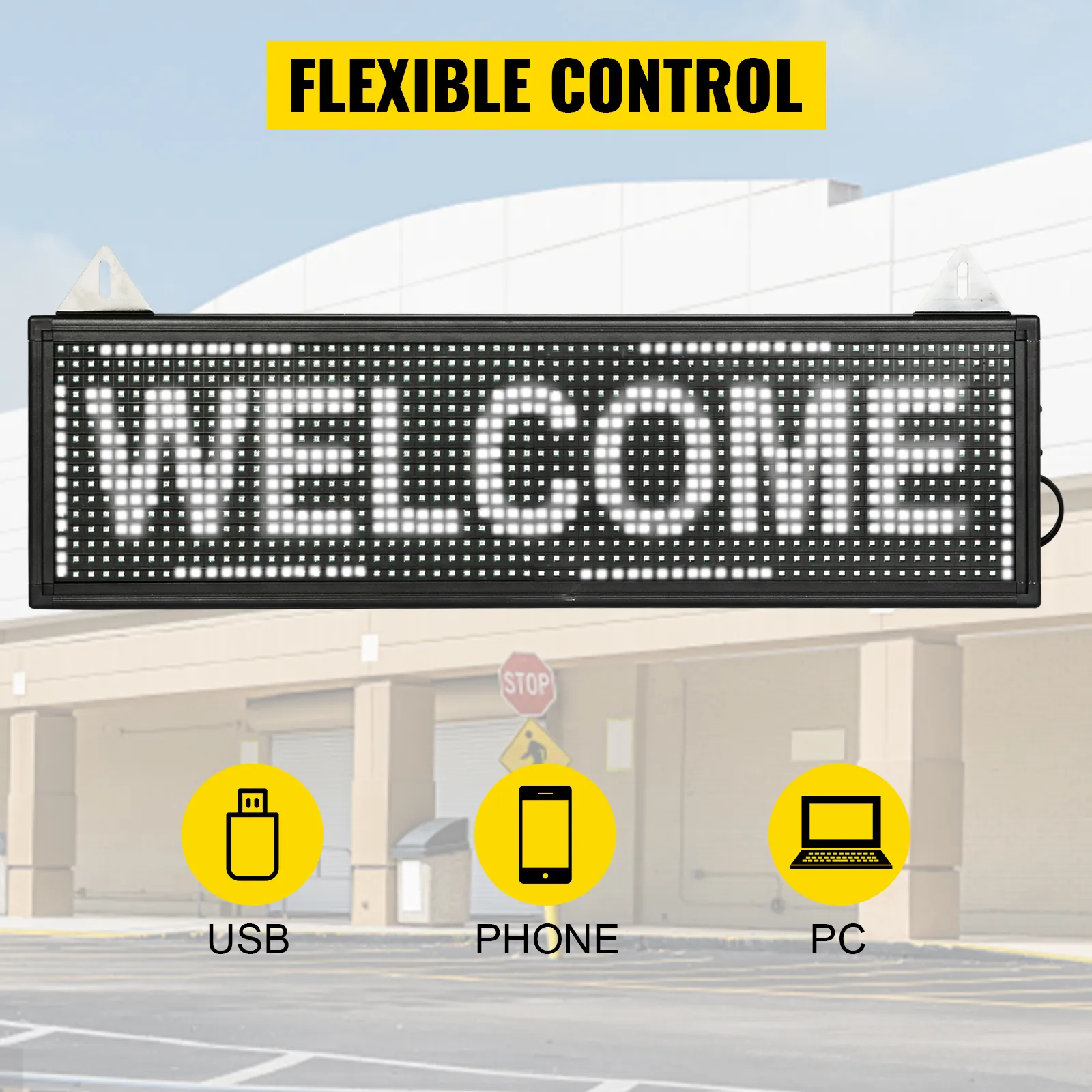 VEVOR led scrolling sign "welcome" with flexible control icons for usb, phone, and pc outside building.