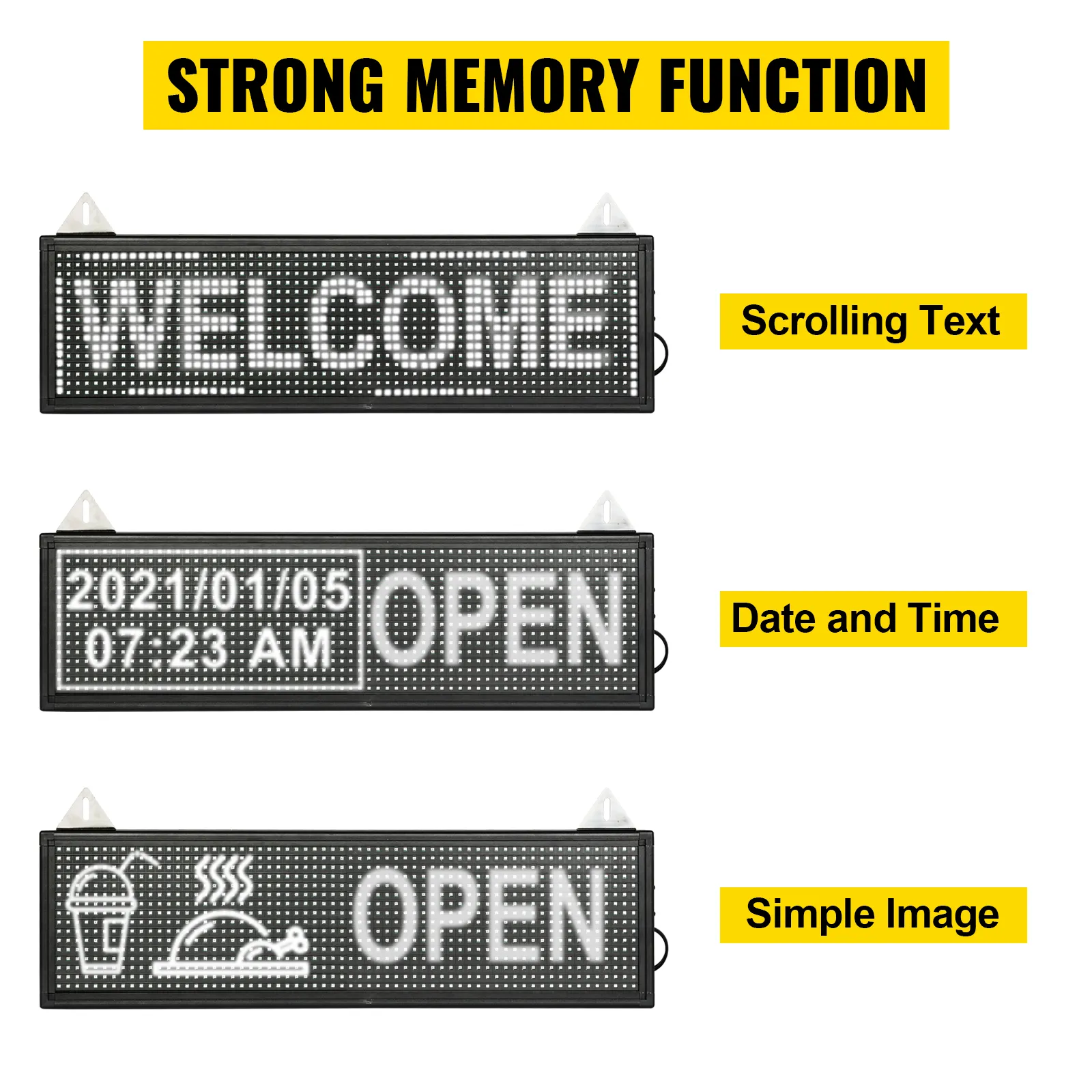 VEVOR led scrolling sign with strong memory function showing "welcome," date, time, and "open" messages.