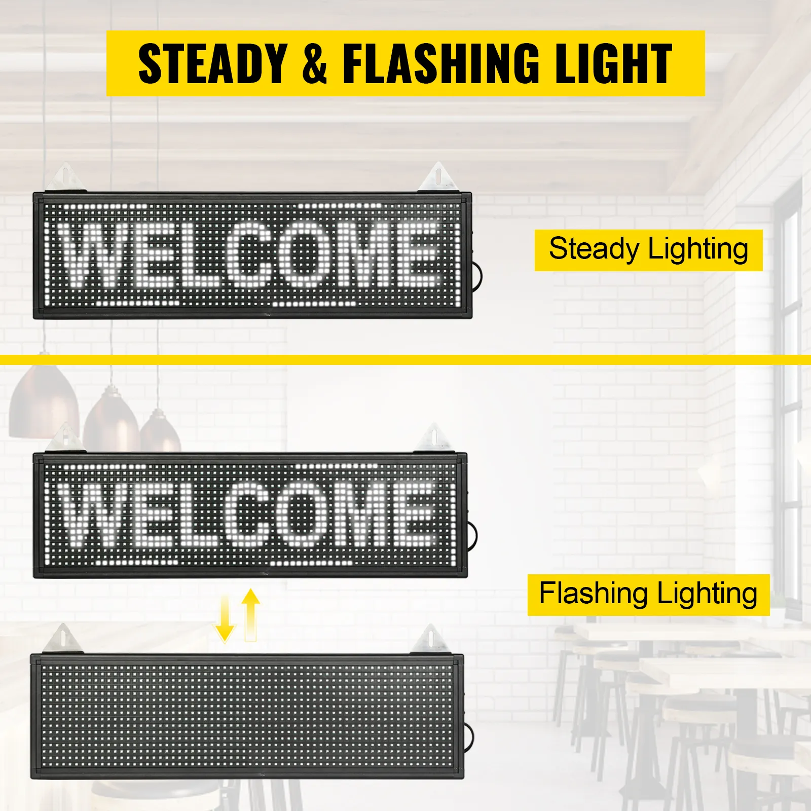 VEVOR led scrolling sign with steady and flashing welcome message options.