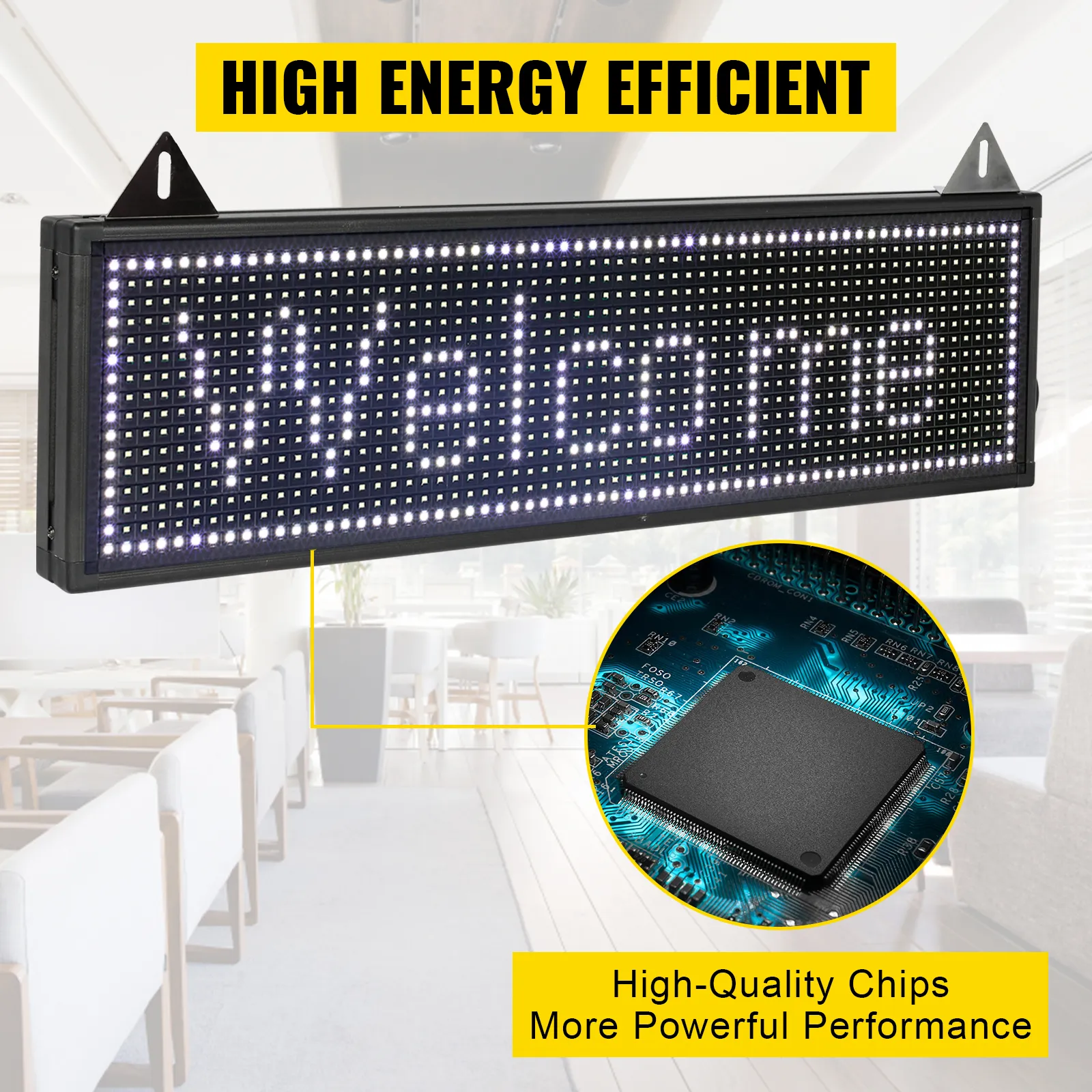 VEVOR led scrolling sign displaying 'welcome' with high energy efficiency and powerful performance.