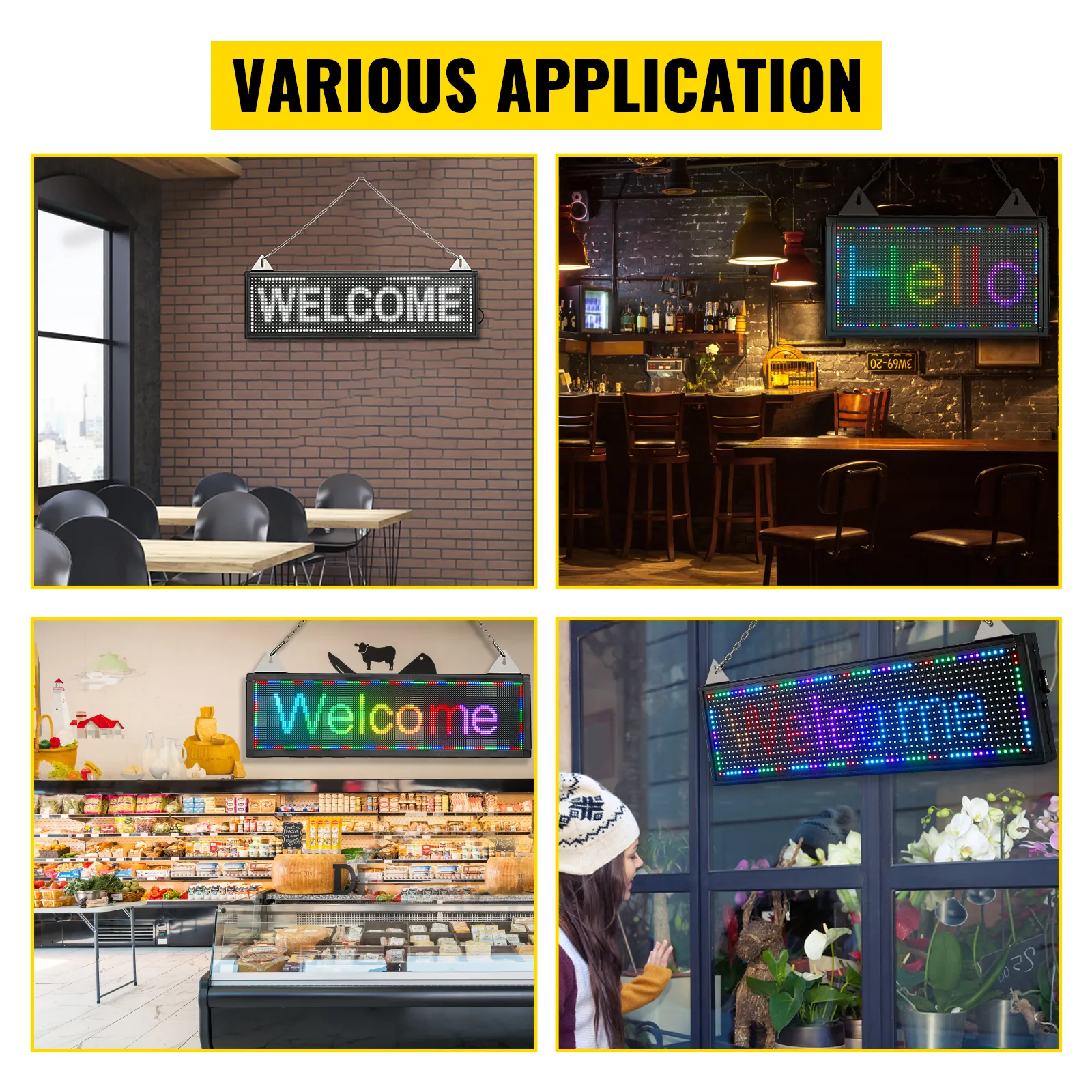 VEVOR led scrolling sign in various settings: cafe, bar, grocery store, flower shop.