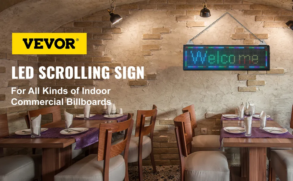 VEVOR led scrolling sign in a cozy restaurant, promoting indoor commercial billboards.
