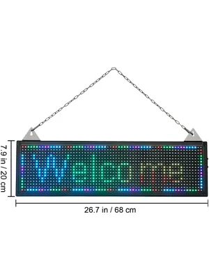 VEVOR led scrolling sign displaying "welcome" in colorful lights, size 26.7in x 7.9in with chain hanging.