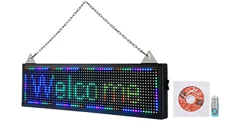 VEVOR led scrolling sign with colorful display, usb, and cd for programming, hanging by chains.
