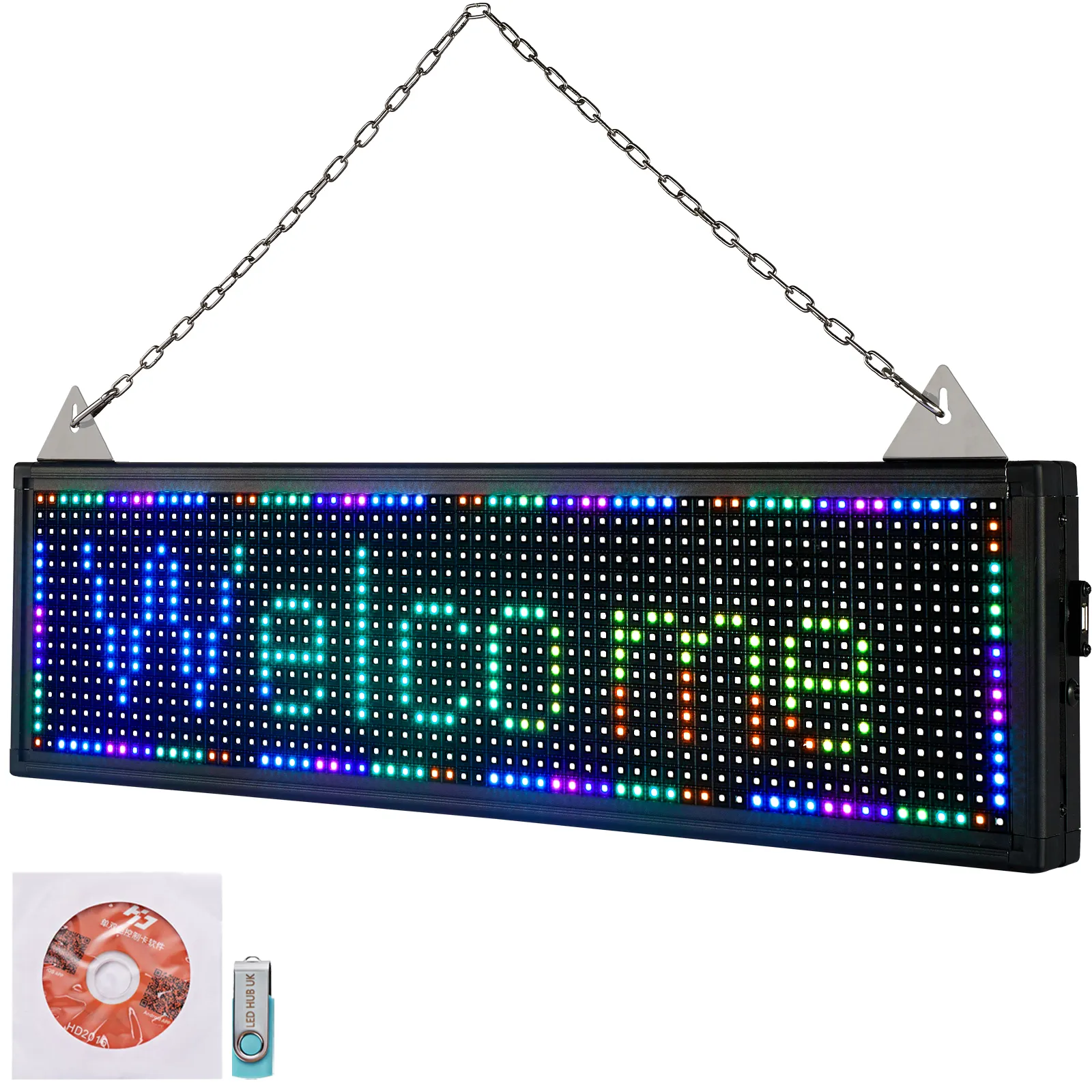 VEVOR led scrolling sign in black displaying "welcome" in colorful text, with a cd and usb drive.