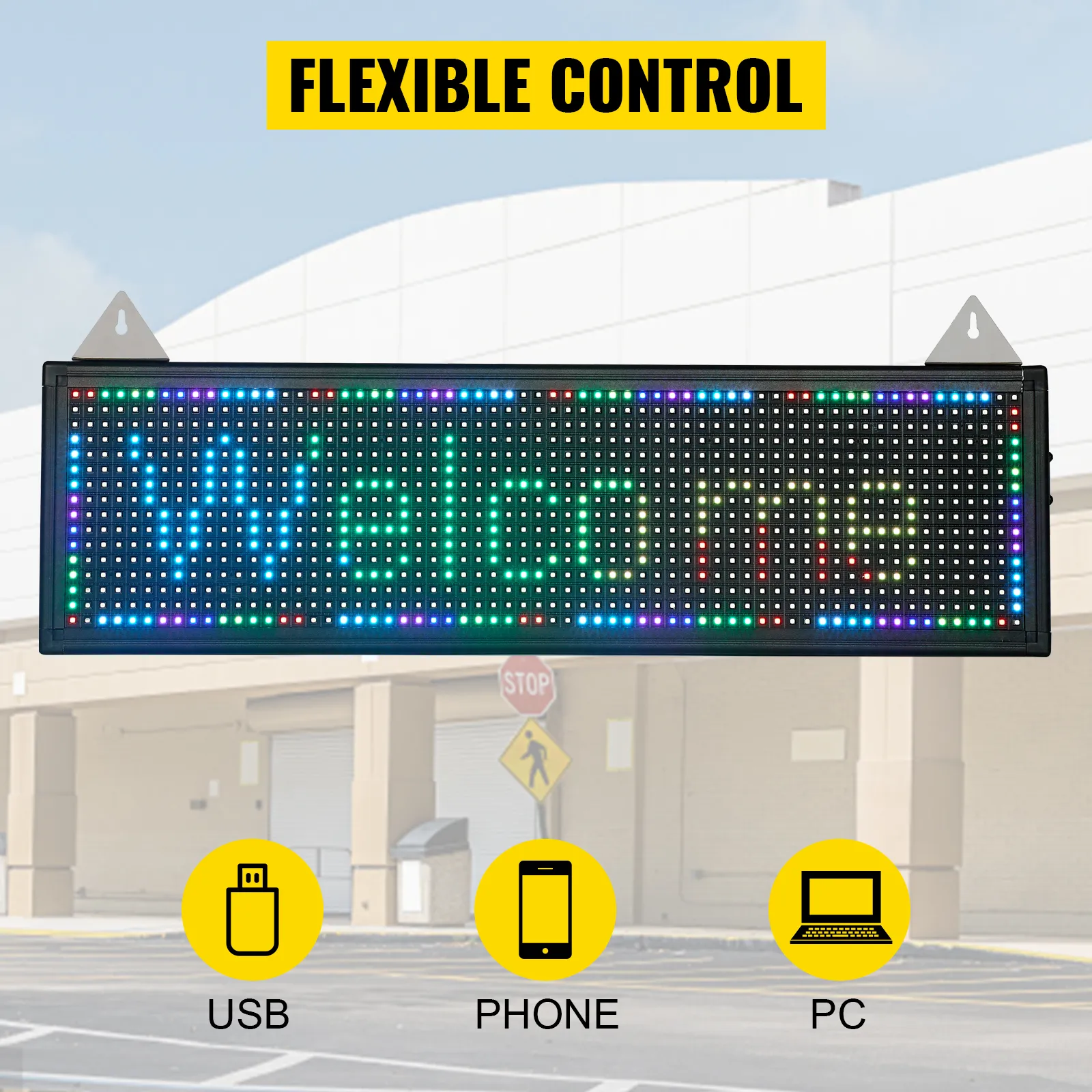 VEVOR led scrolling sign with flexible control, compatible with usb, phone, and pc connectivity.