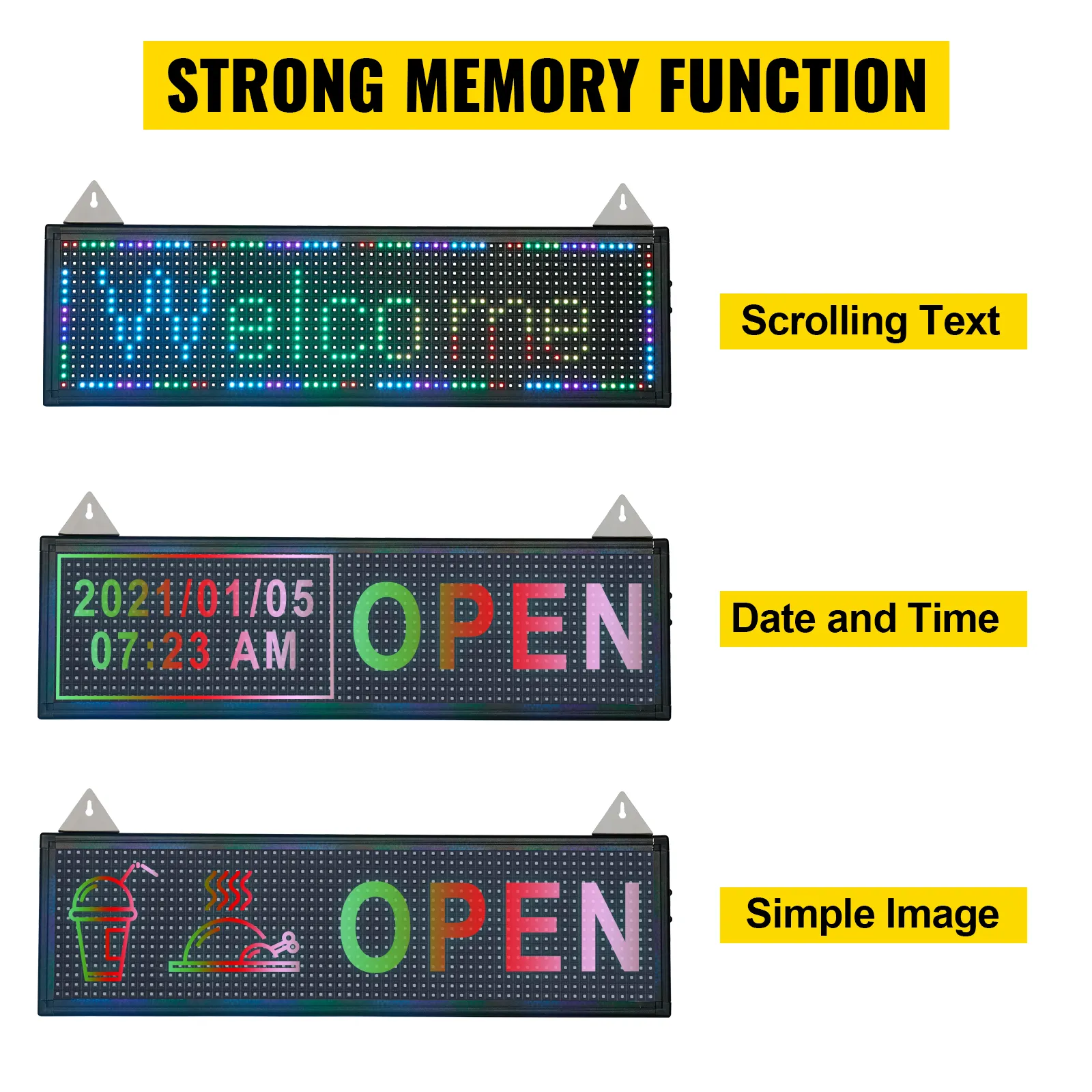 VEVOR led scrolling sign with strong memory function, showing text, date, time, and simple images.