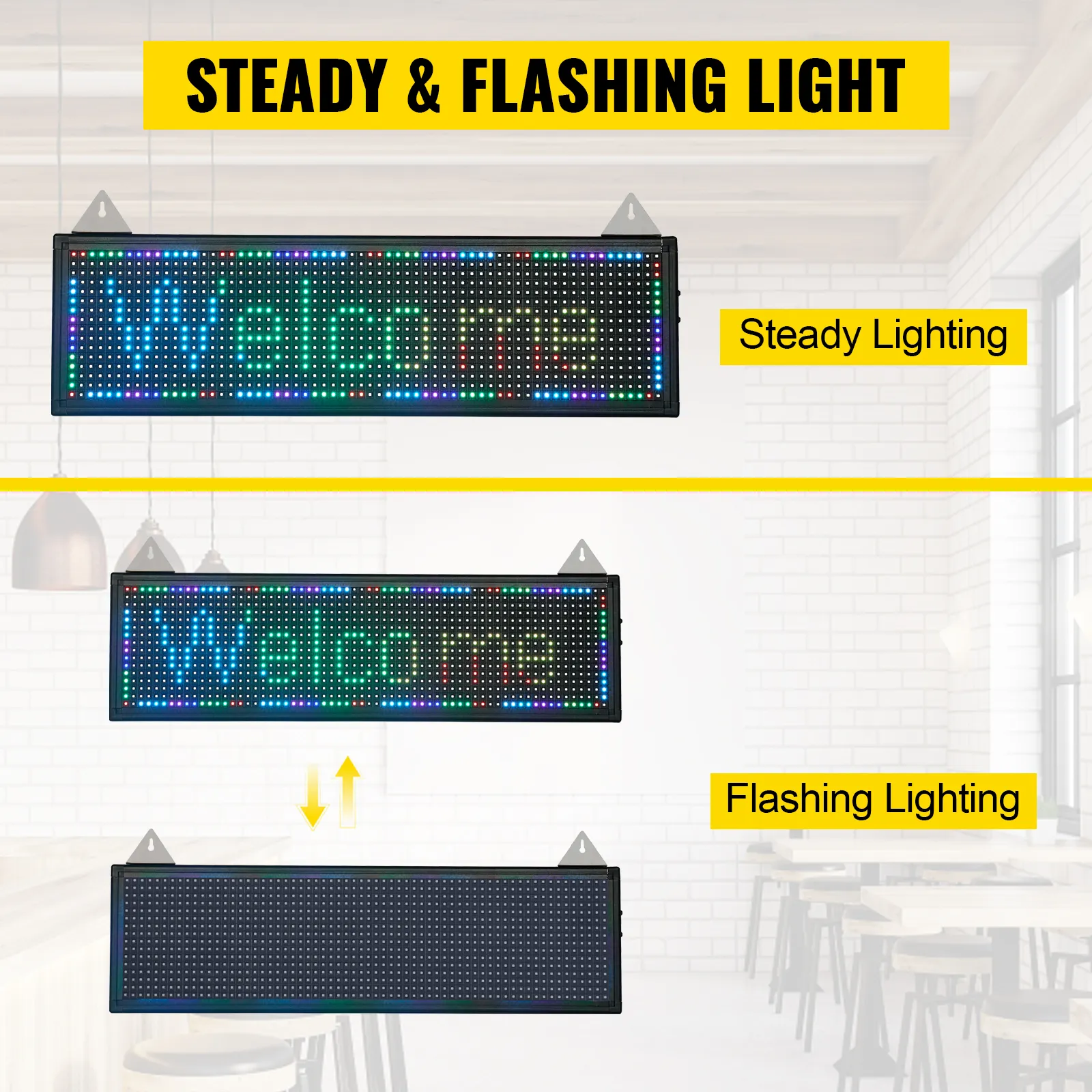 VEVOR led scrolling sign with steady and flashing light, showing "welcome" message in colorful leds.