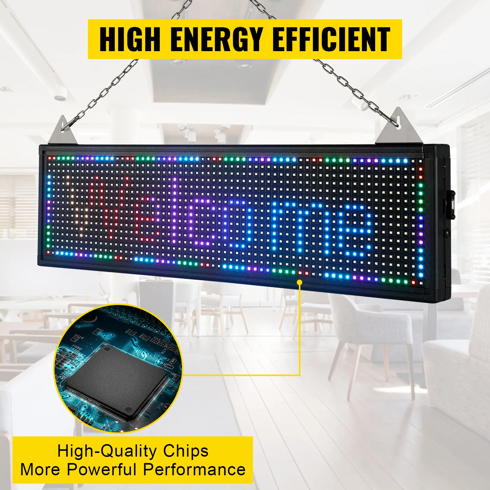 VEVOR led scrolling sign displaying "welcome" with high energy efficiency and high-quality chips.