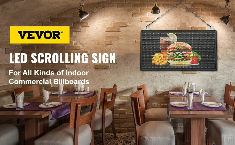 VEVOR led scrolling sign hangs in a cozy indoor restaurant, displaying a burger and drink.