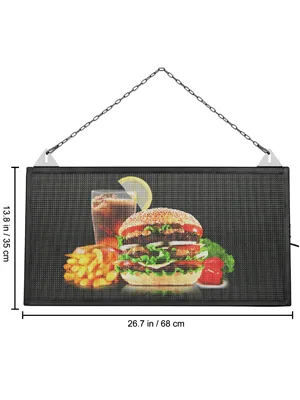 VEVOR led scrolling sign displaying a burger, fries, and drink, measuring 26.7in x 13.8in.