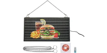 VEVOR led scrolling sign displaying burger, fries, and drink, with hanging chains and remote included.