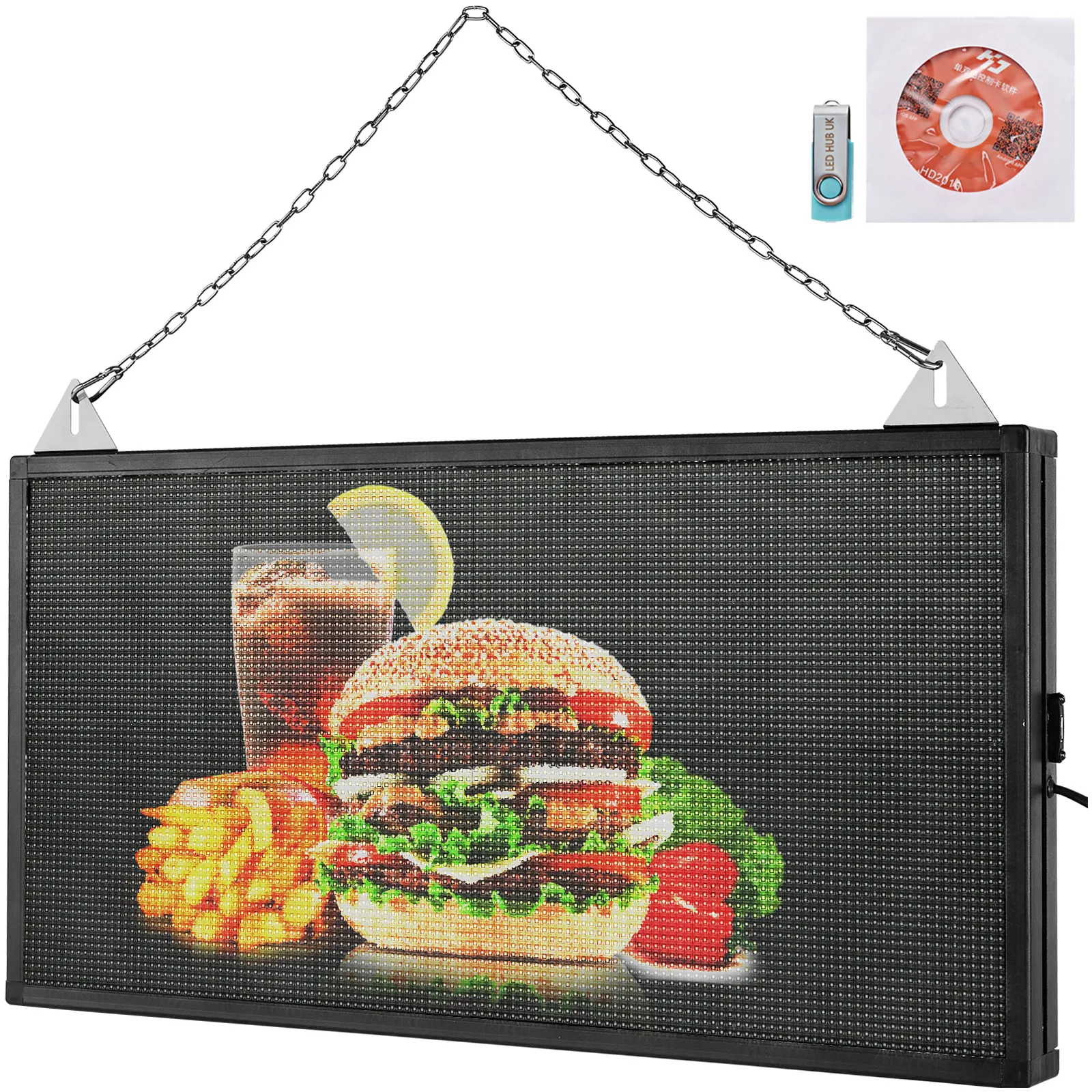 VEVOR led scrolling sign displaying a burger meal with fries and a drink, hanging by a chain.