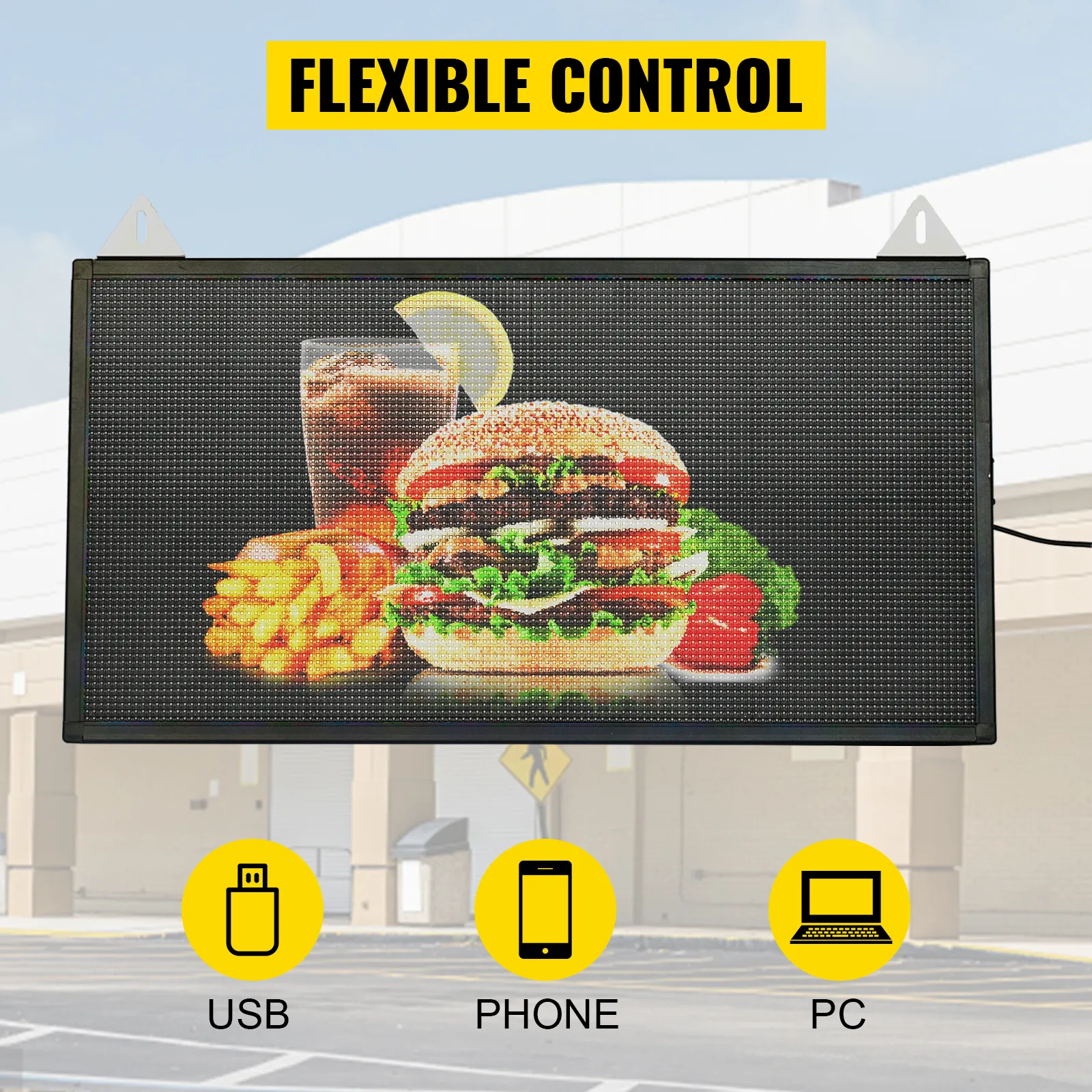 VEVOR led scrolling sign displaying a burger, fries, and drink with flexible control via usb, phone, or pc.