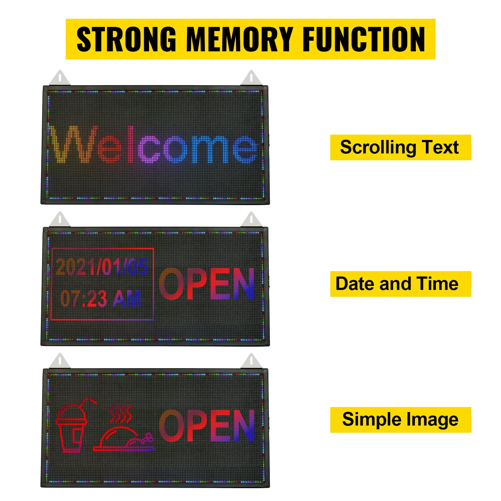 VEVOR led scrolling sign displaying "welcome," date and time, "open," and food icons with strong memory function.