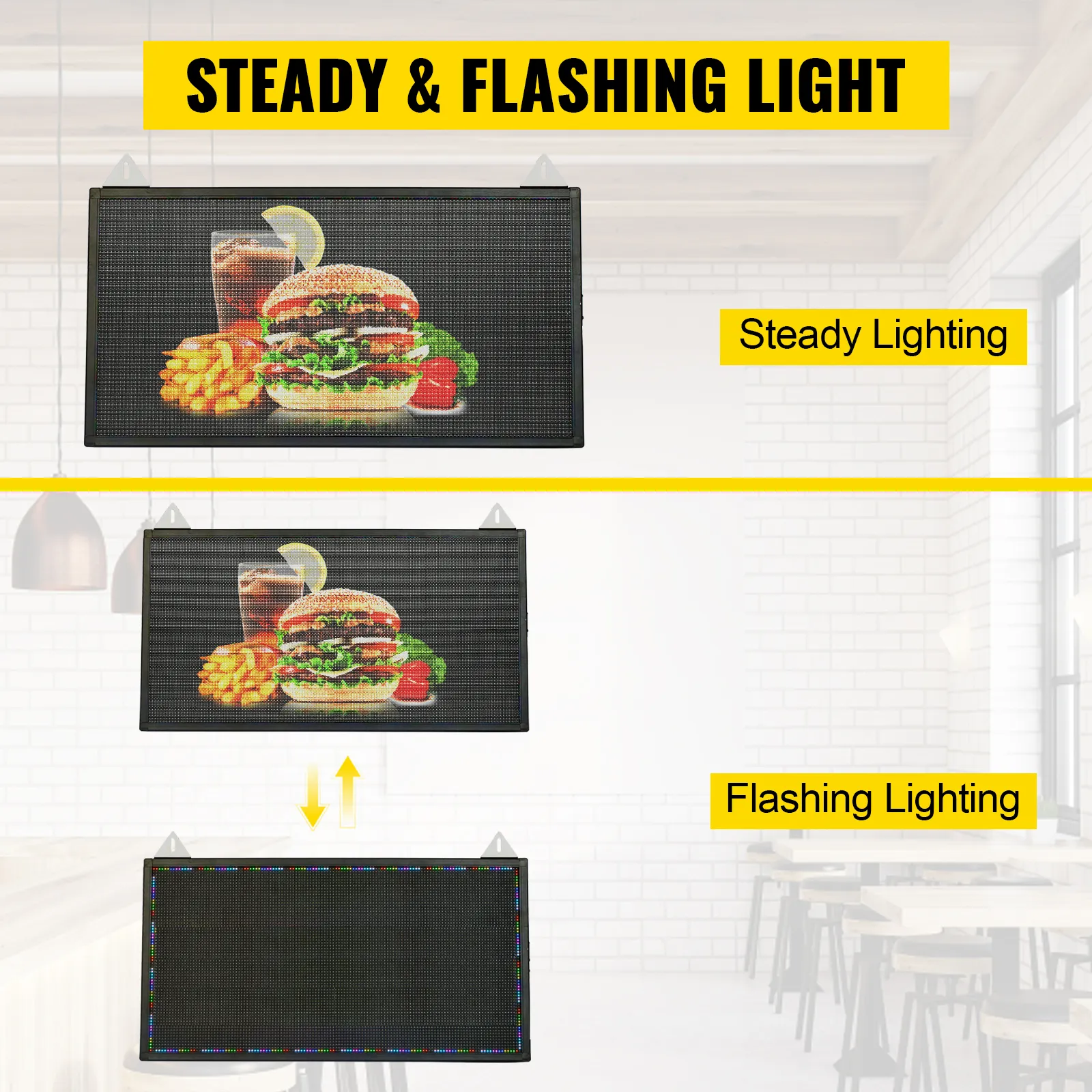 VEVOR led scrolling sign showing steady and flashing lighting modes with a burger menu in a cafe setting.