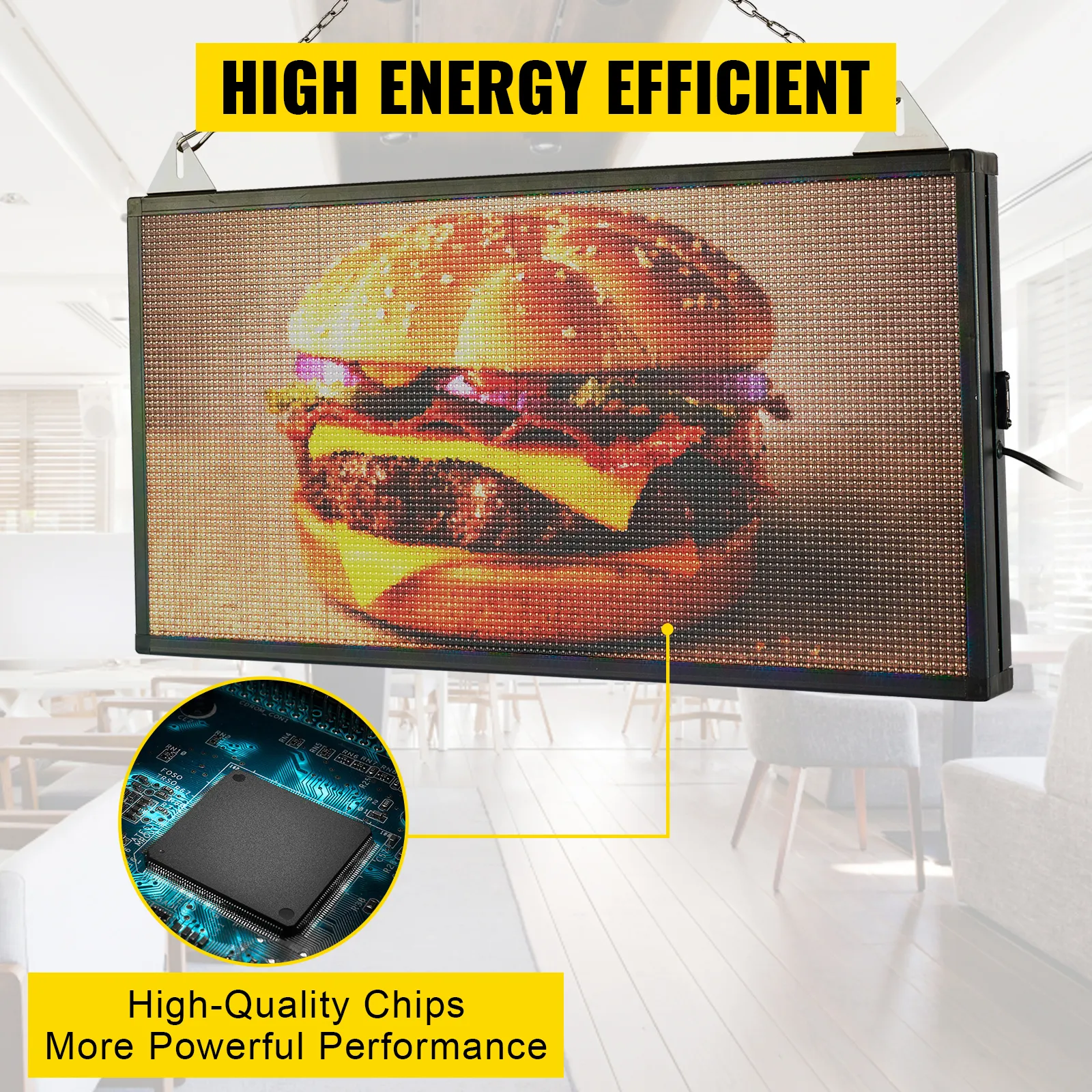 VEVOR led scrolling sign displays a vibrant burger image with energy-efficient performance and high-quality chips.