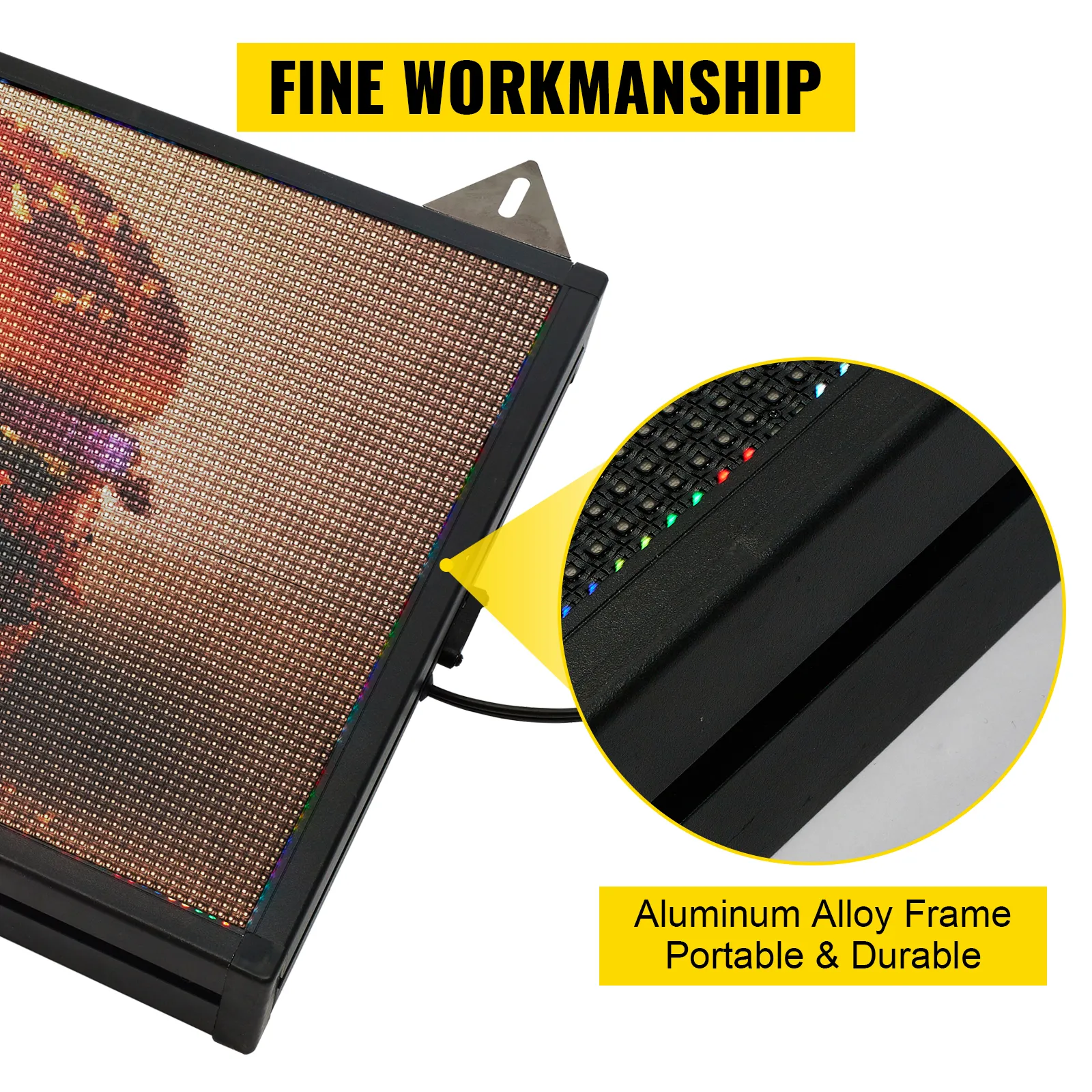 close-up of VEVOR led scrolling sign with fine workmanship and aluminum alloy frame for durability.
