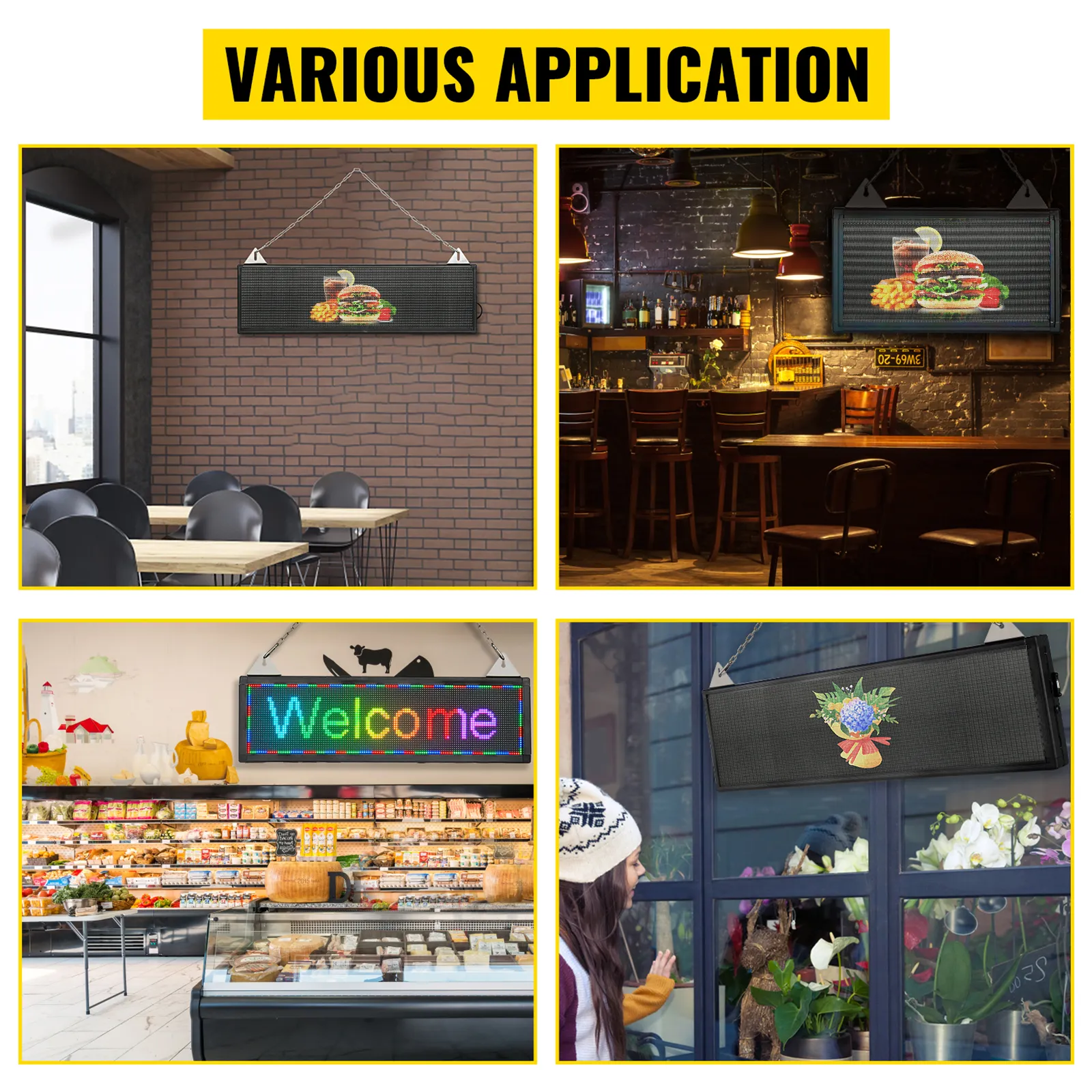 VEVOR led scrolling sign displayed in various locations: restaurant, bar, grocery store, and flower shop.