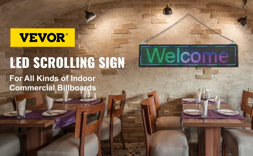 VEVOR led scrolling sign displayed in a cozy restaurant, highlighting indoor commercial billboard use.