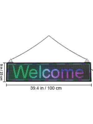 VEVOR led scrolling sign displaying "welcome" with dimensions 39.4 in x 9 in.