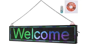 VEVOR led scrolling sign displaying "welcome" in green and purple with remote control and software cd.