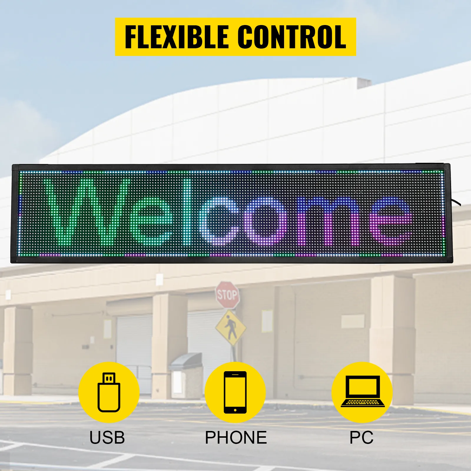VEVOR led scrolling sign with "welcome" text, flexible control via usb, phone, and pc.