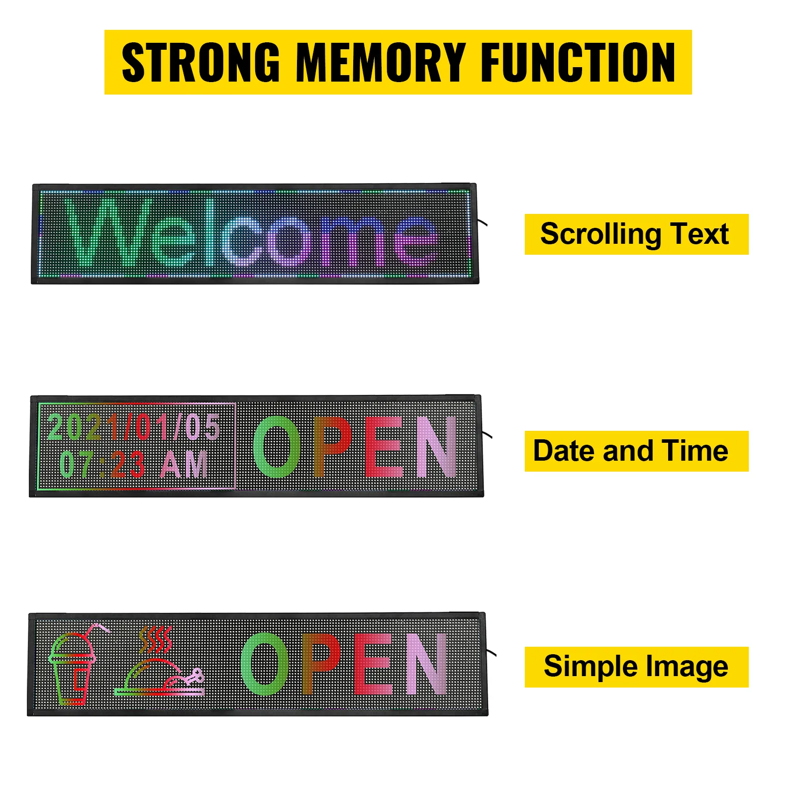 VEVOR led scrolling sign with strong memory function, displaying welcome text, date, time, and simple images.