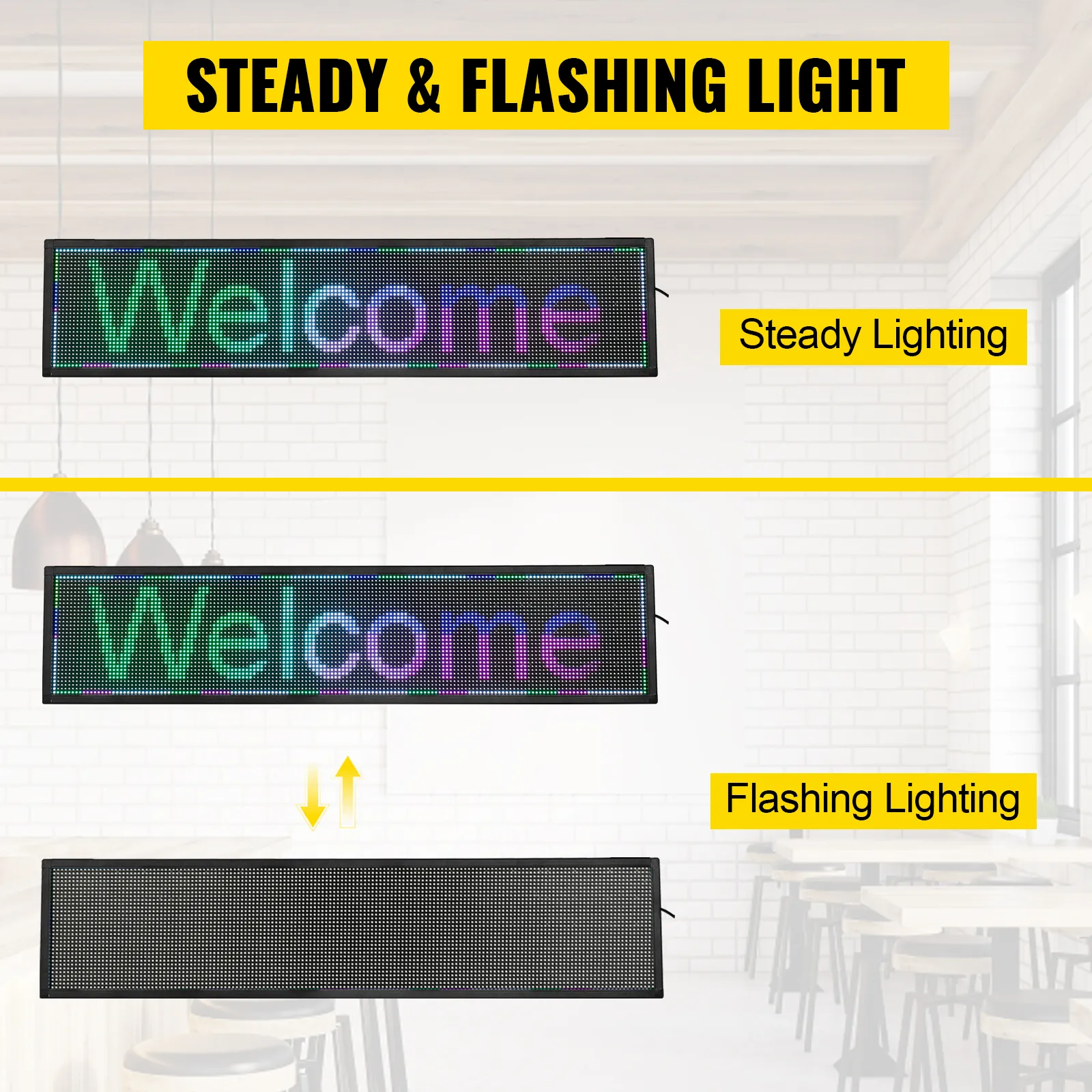 VEVOR led scrolling sign displaying "welcome" with steady and flashing light options in a modern setting.