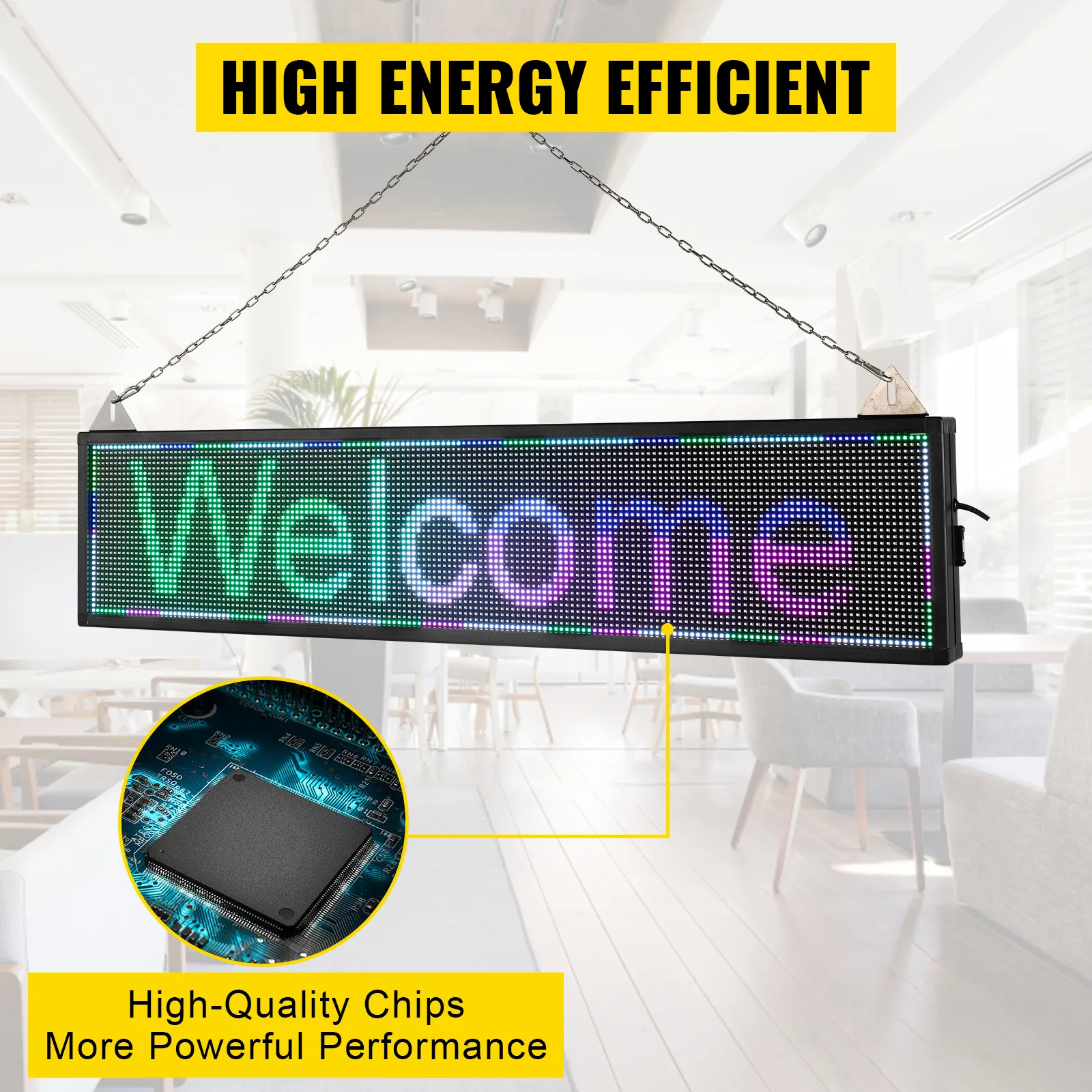 VEVOR led scrolling sign with "welcome" text, high energy efficiency, and high-quality chips.