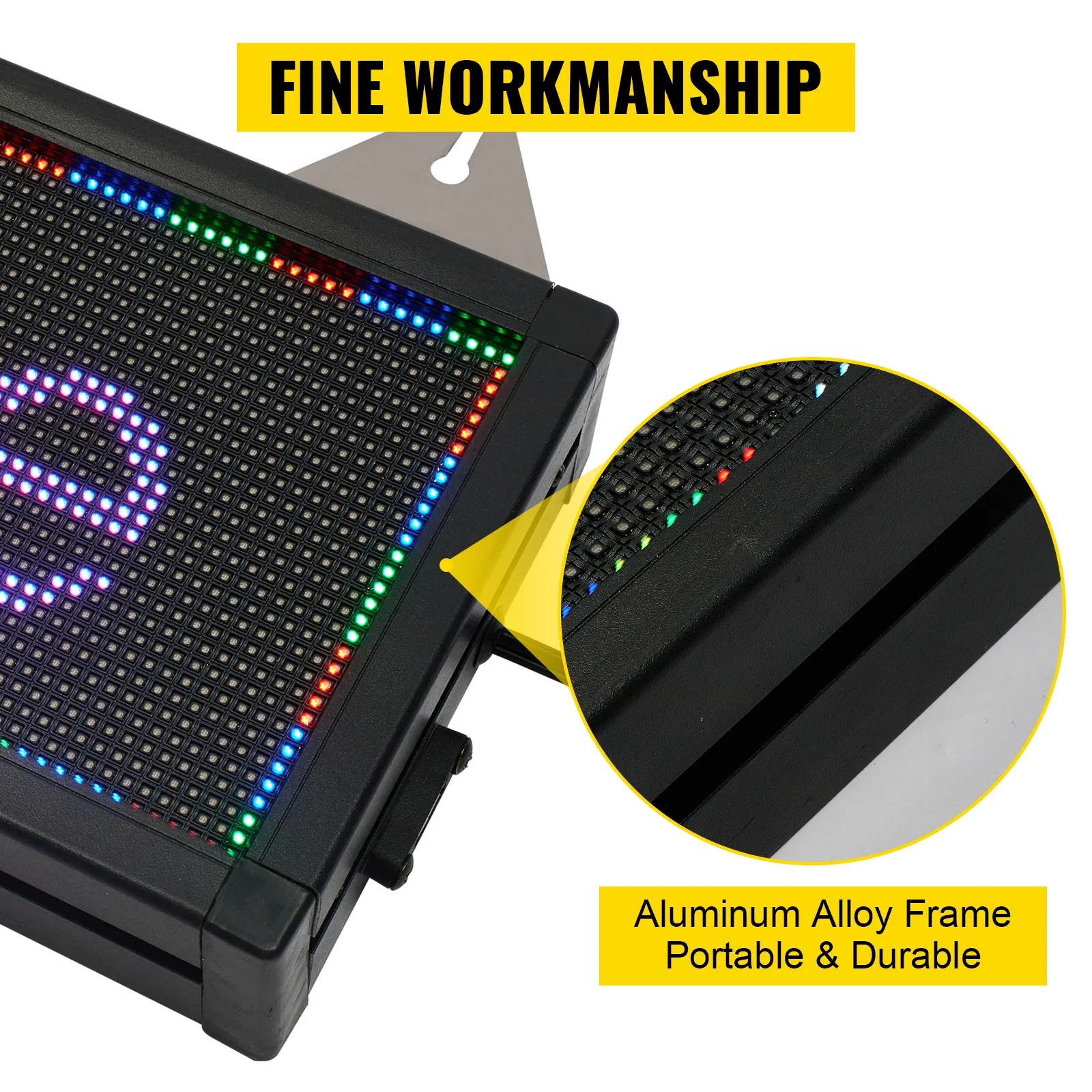 VEVOR led scrolling sign with aluminum alloy frame, displaying colorful led text, fine workmanship.