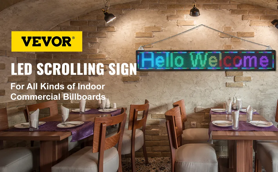 VEVOR led scrolling sign in a cozy restaurant, hanging on a brick wall above wooden dining tables.