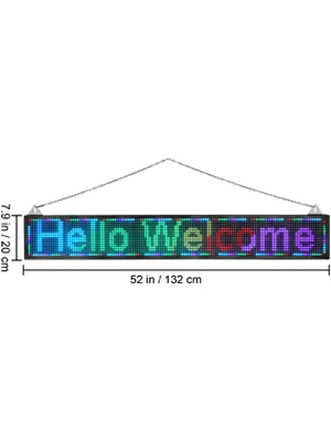 VEVOR led scrolling sign displaying "hello welcome" in multicolor text, measuring 52x7.9 inches.