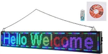VEVOR led scrolling sign displaying "hello welcome" with a remote control and installation cd.