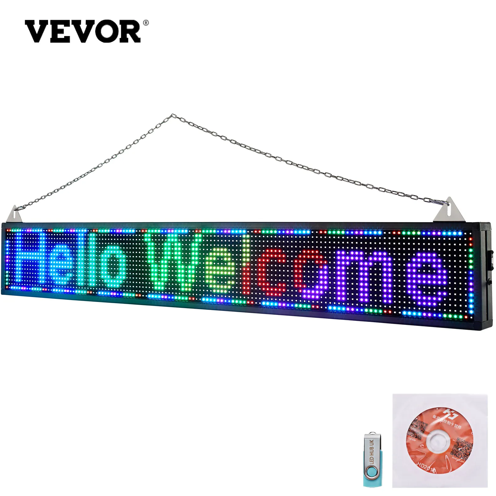 VEVOR led scrolling sign with "hello welcome" message, hanging chain, remote and software.
