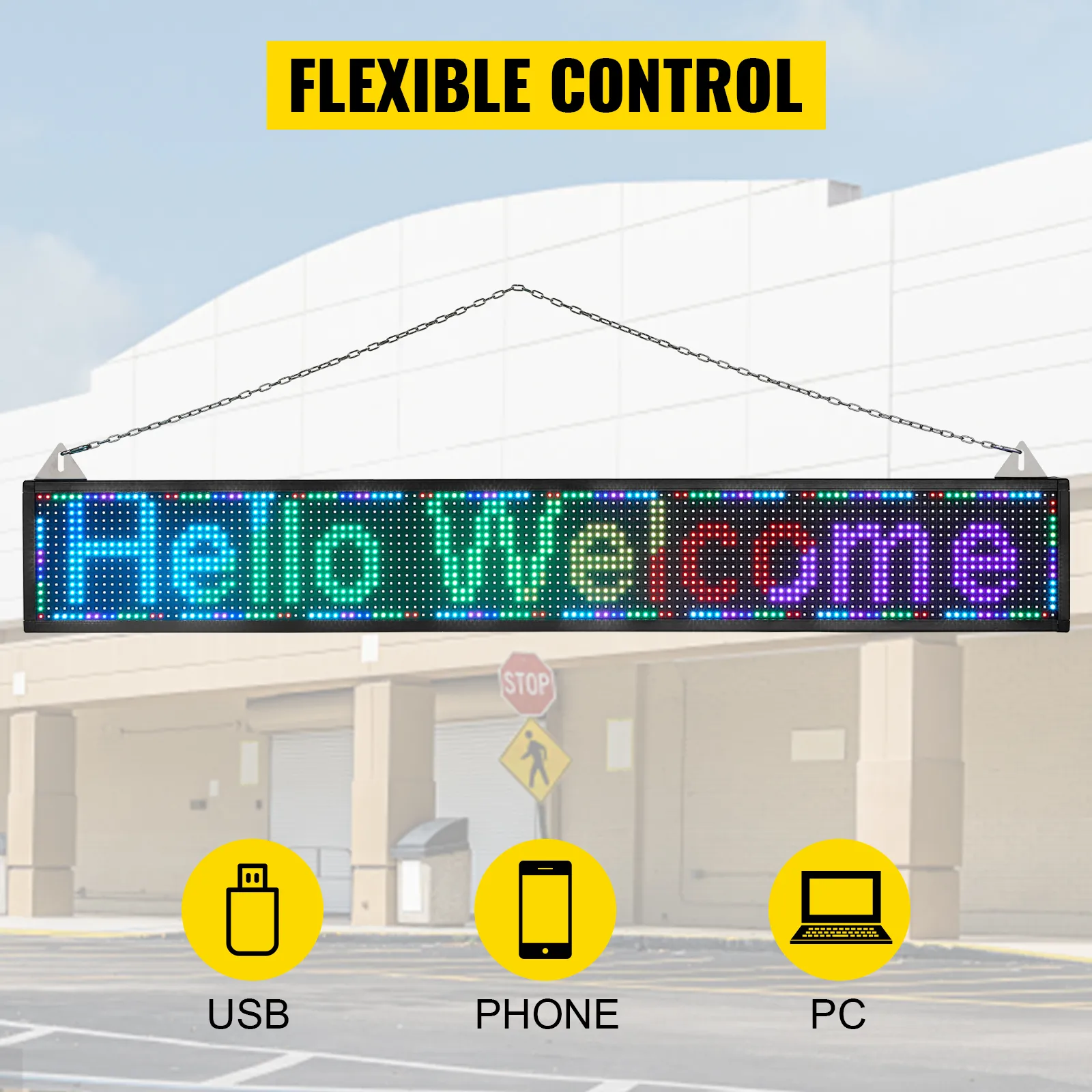 VEVOR led scrolling sign with colorful text display, controlled via usb, phone, or pc. flexible control.