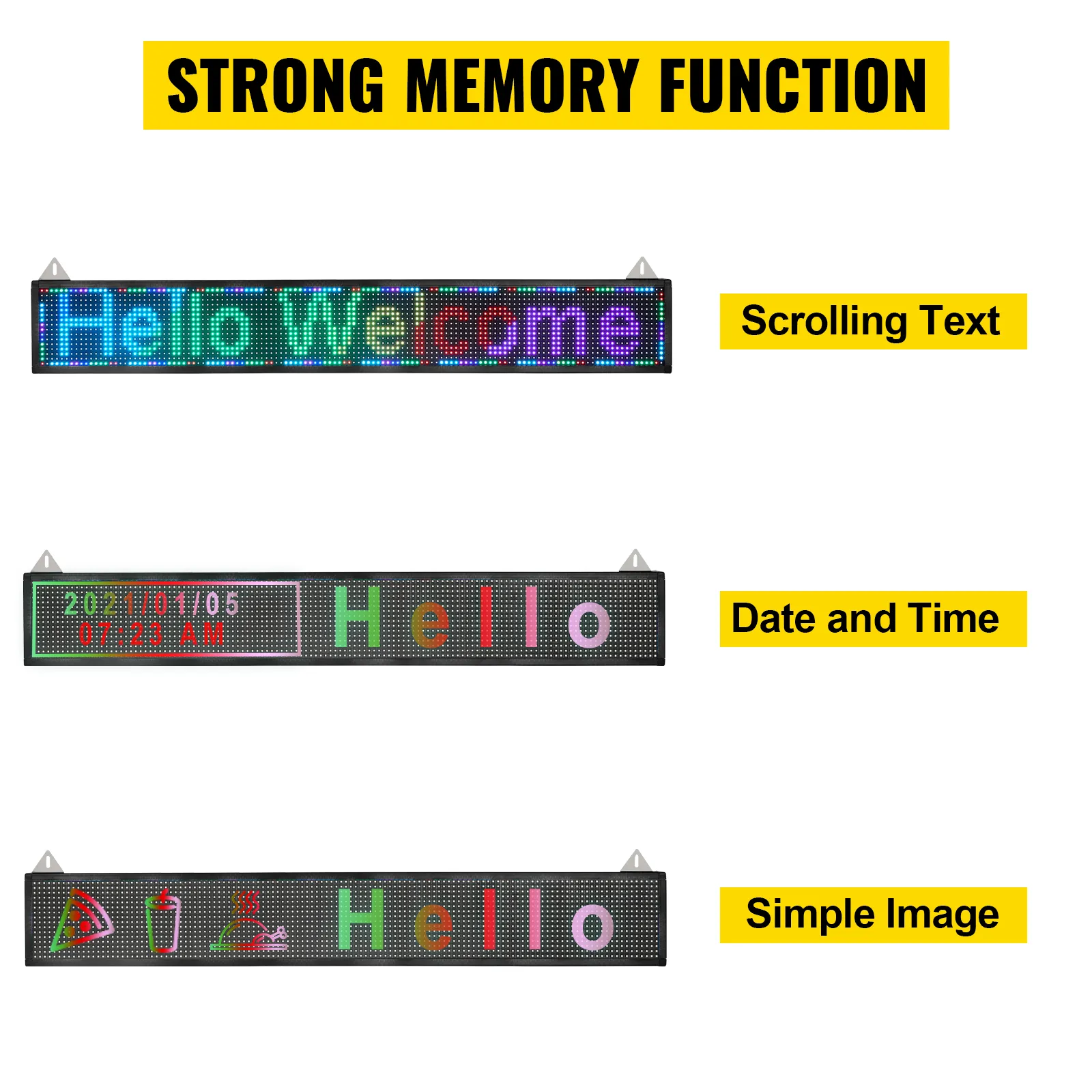 VEVOR led scrolling sign with strong memory function, showing text, date, time, and simple images.