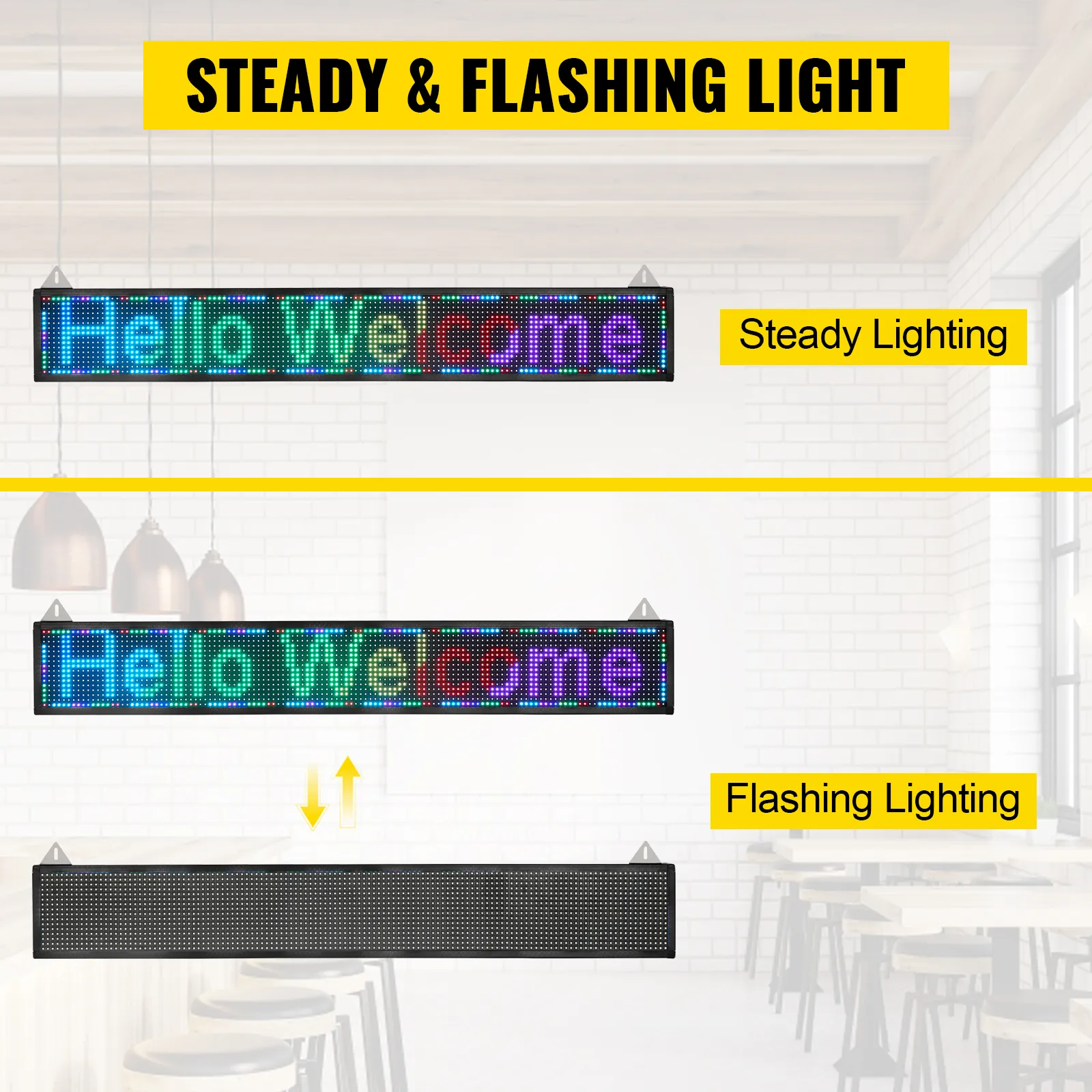 VEVOR led scrolling sign with steady and flashing light modes in a modern indoor setting.