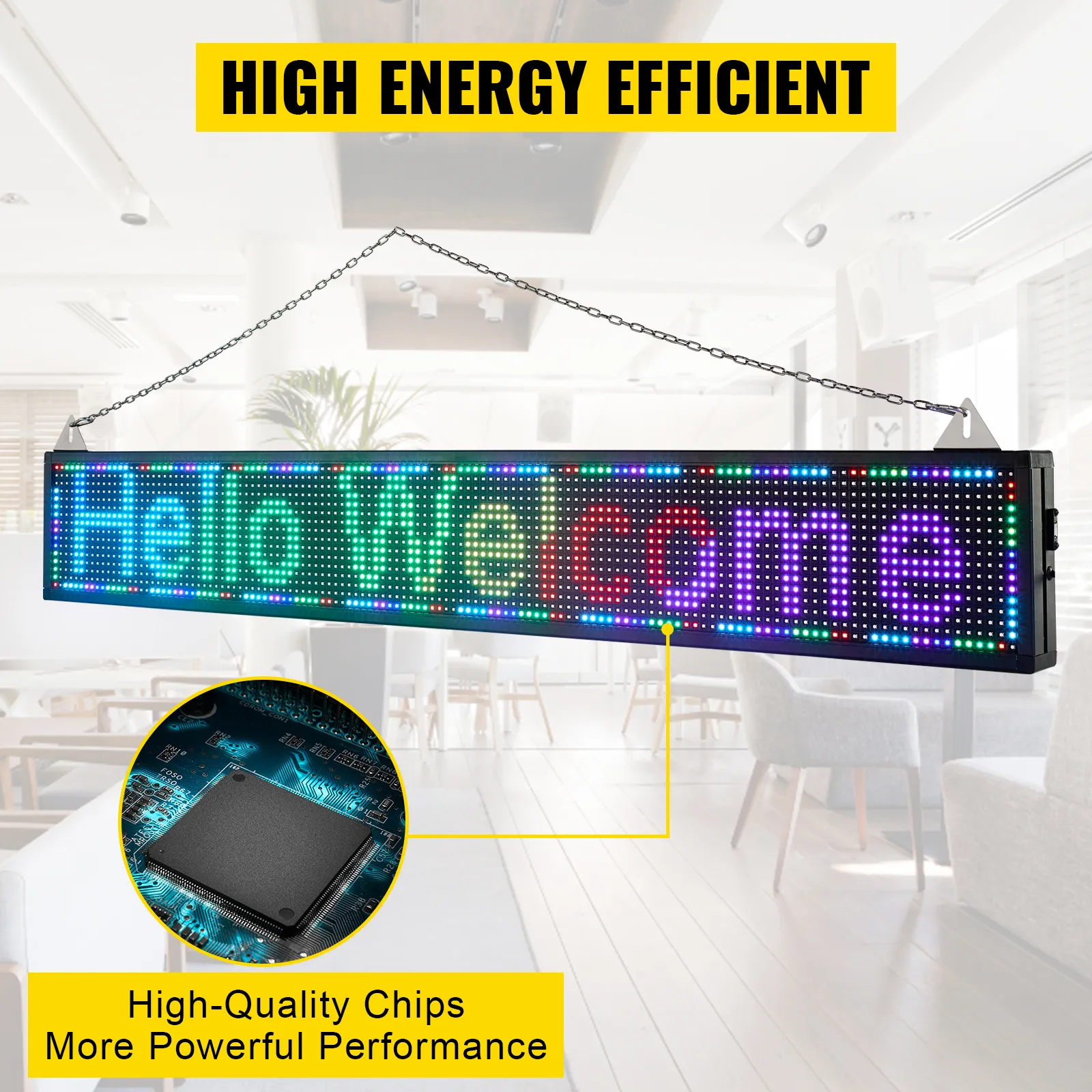 VEVOR led scrolling sign displaying "hello welcome" in a bright, modern interior with high-quality chips.