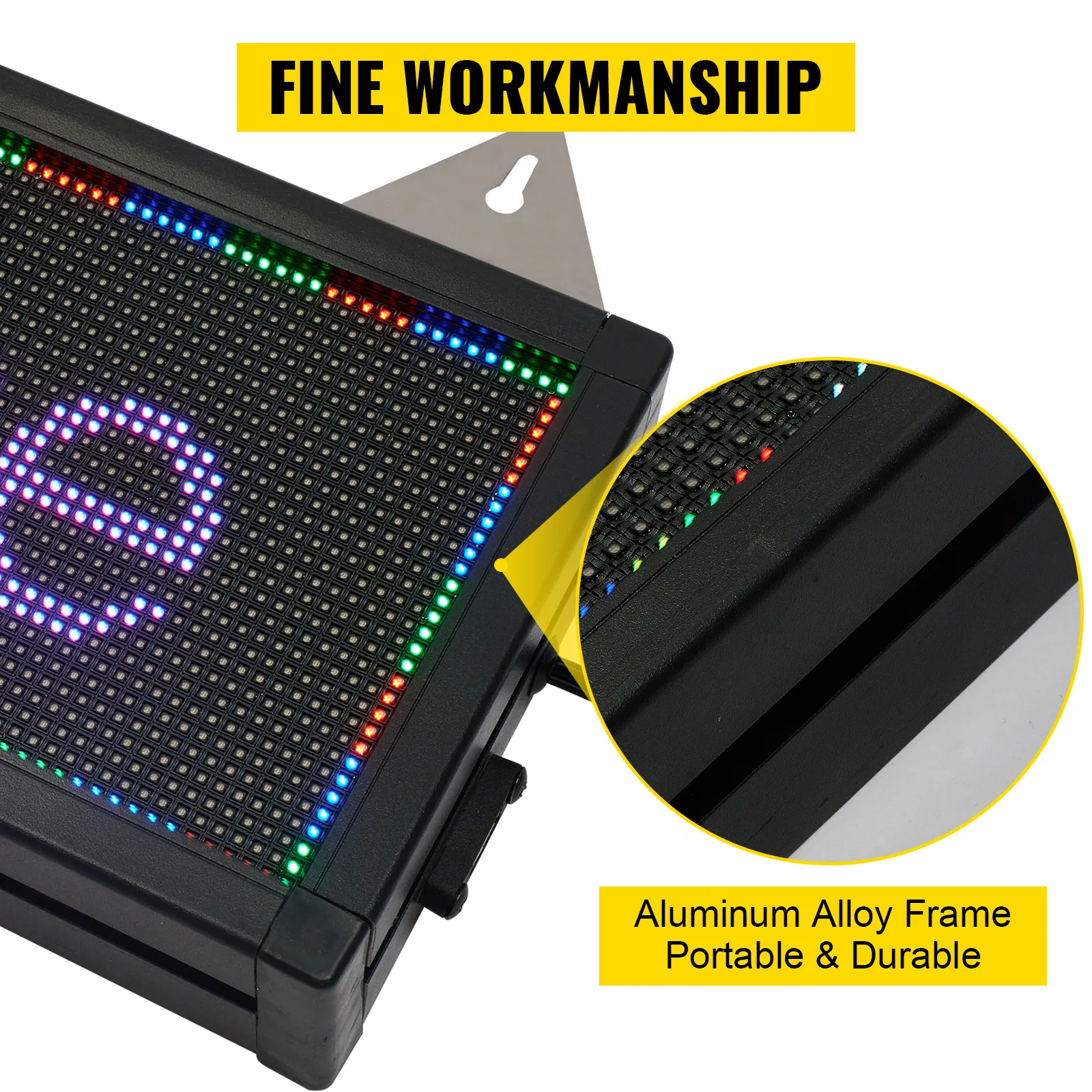 VEVOR led scrolling sign with multicolor lights, aluminum alloy frame, and "fine workmanship" label.