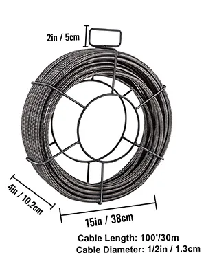 Afmetingen van de VEVOR-afvoerontstoppingskabel: 30,4 m lang, 1,27 cm in diameter, spoel van 38,8 cm.