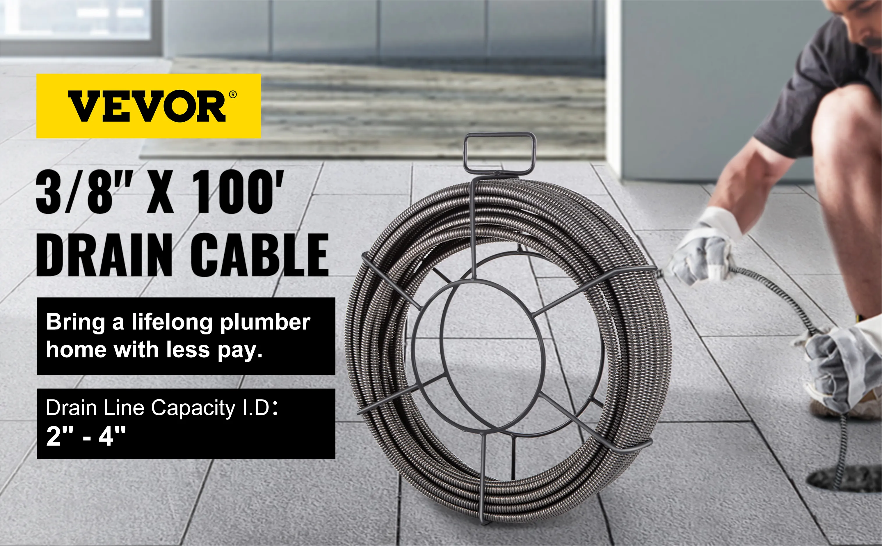 VEVOR drain cleaning cable, 3/8" x 100', next to person handling the cable on tiles.