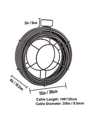 VEVOR drain cleaning cable, 100ft length and 3/8in diameter with dimensions.