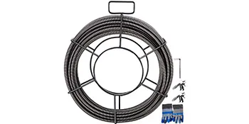 VEVOR drain cleaning cable set with gloves and cleaning tools in a coil holder.