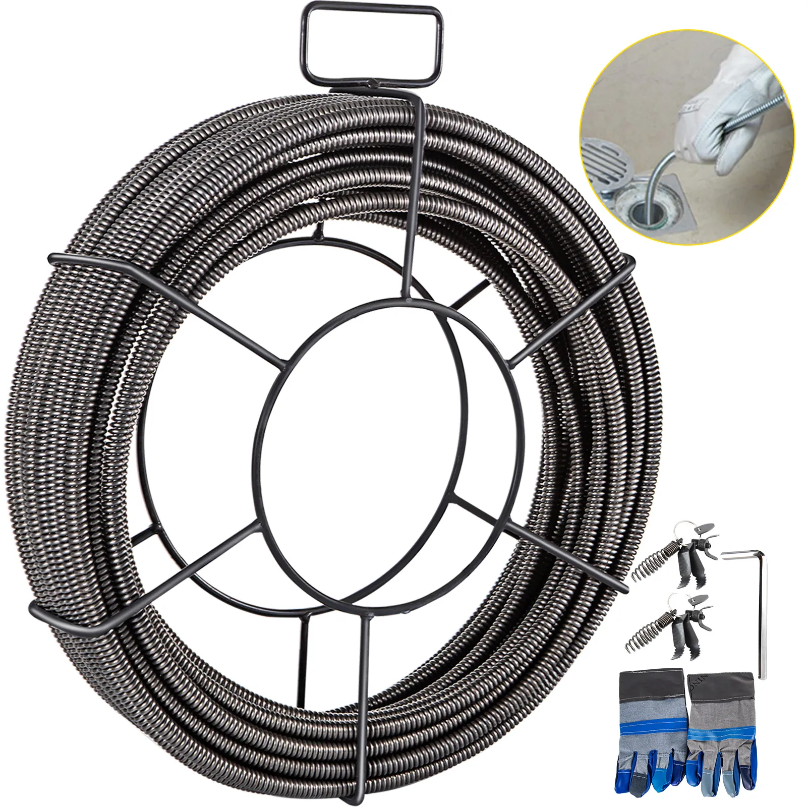 coiled VEVOR drain cleaning cable, gloves, attachments, and a drain cleaning scene.