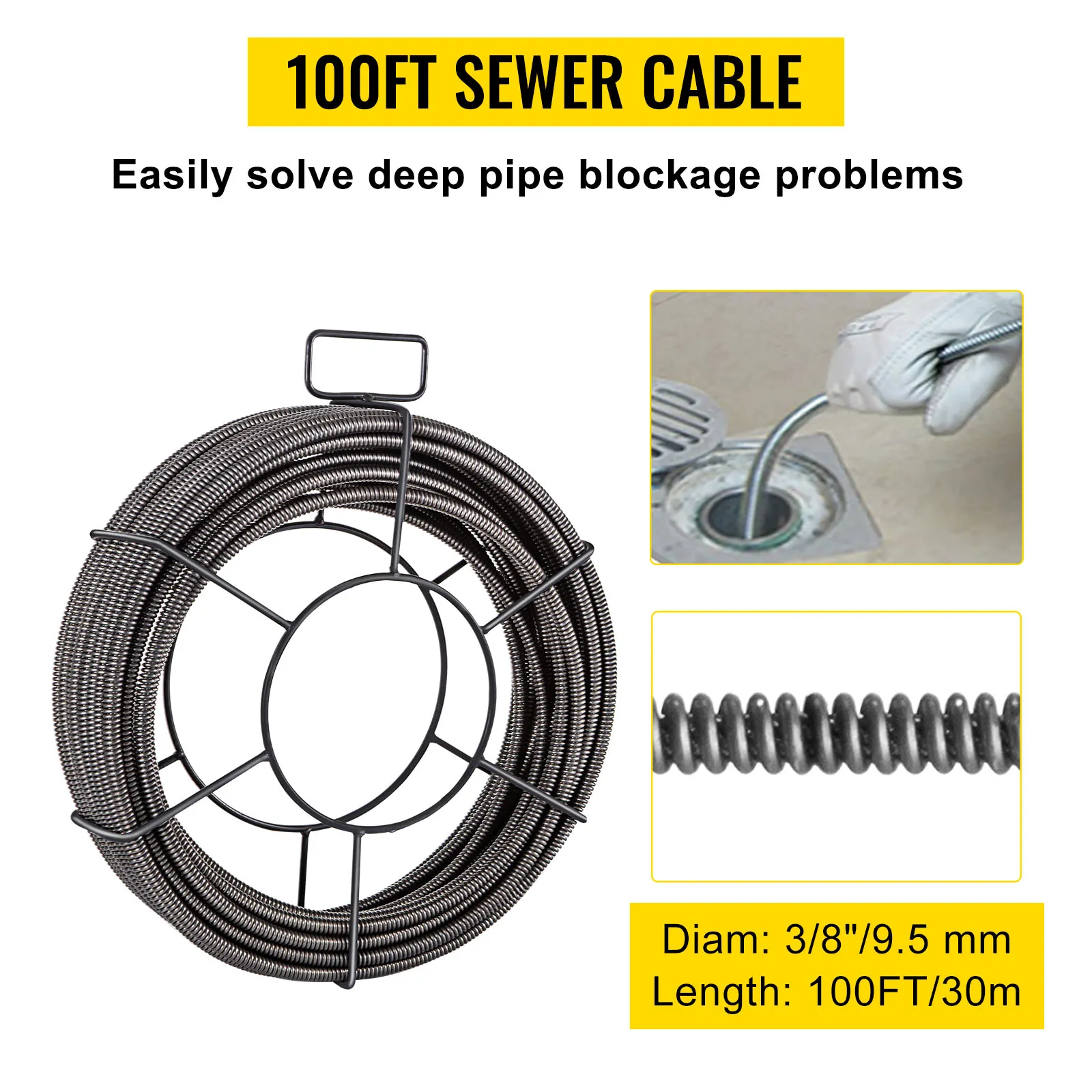 VEVOR drain cleaning cable, 100ft sewer cable coiled with pipe in drain, 3/8" diameter.
