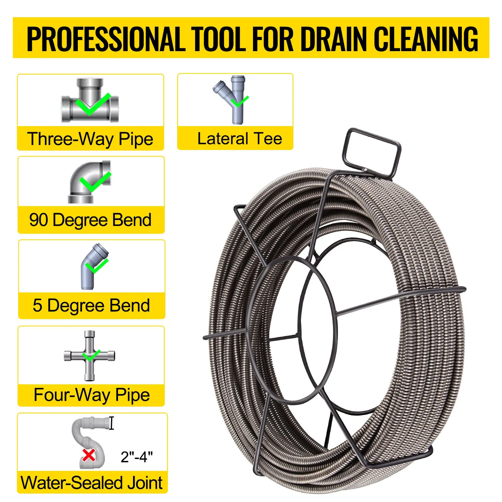 VEVOR drain cleaning cable with three-way pipe, lateral tee, and various bend options.