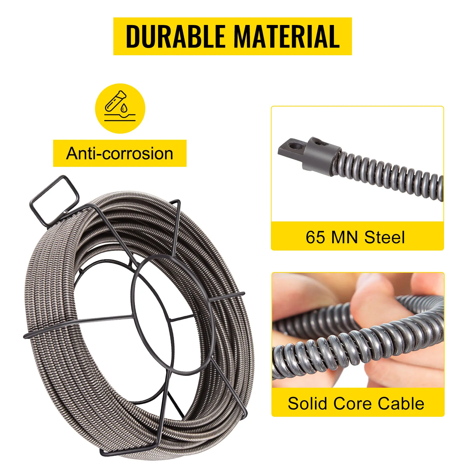 VEVOR drain cleaning cable made of anti-corrosion 65 mn steel for durability.